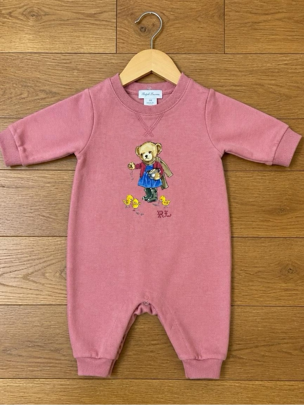 Ralph Lauren Baby Girls Pink Polo Bear Sweatshirt Romper One Piece 3M